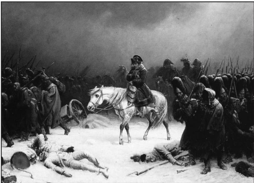 Figure 2.6: This black-and-white painting depicts Napoleon Bonaparte on horseback at the center of a desolate, snow-covered landscape, surrounded by a retreating army. Soldiers are shown falling, lying dead or wounded in the snow, with military equipment scattered around, conveying the harsh conditions of the retreat from Moscow. The composition emphasizes the scale of the disaster, with a dark, stormy sky ov (source: reference 49)