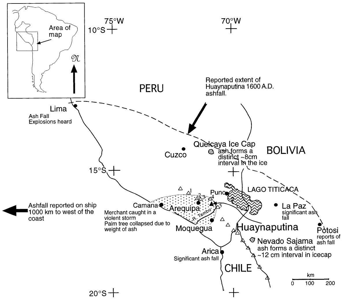 This map illustrates the regional context of Volcán Huaynaputina in southern Peru, showing the extent of its 1600 A.D. ashfall across Peru, Bolivia, and northern Chile. It highlights the distribution of volcanic ash deposits, including the stage-I pumice fall (stippled area) dispersed primarily west-southwest, and identifies key locations with ashfall evidence such as ice cap layers in the Queucaya and Nevado Sajama ice caps, historic reports from Lima and Potosí, and a ship log recording ashfall 1,000 km west of the coast. The map also marks active volcanoes in the Central Volcanic Zone, including Sabancaya, Chachani, Misti, Ubinas, and Ticsani. (source: ref 170)